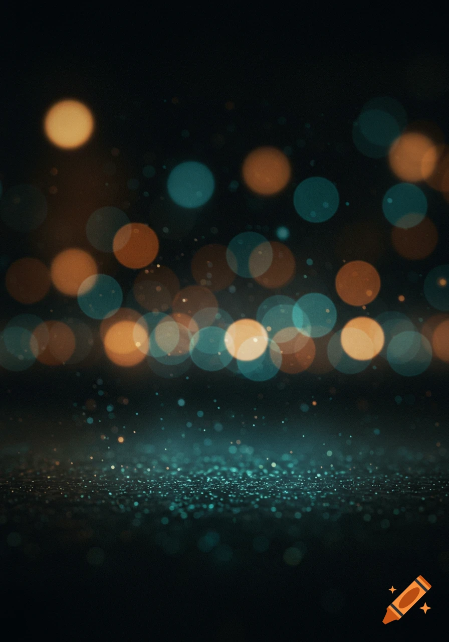 Blurred orange and teal bokeh lights on a dark background with sparkling teal glitter in the foreground.