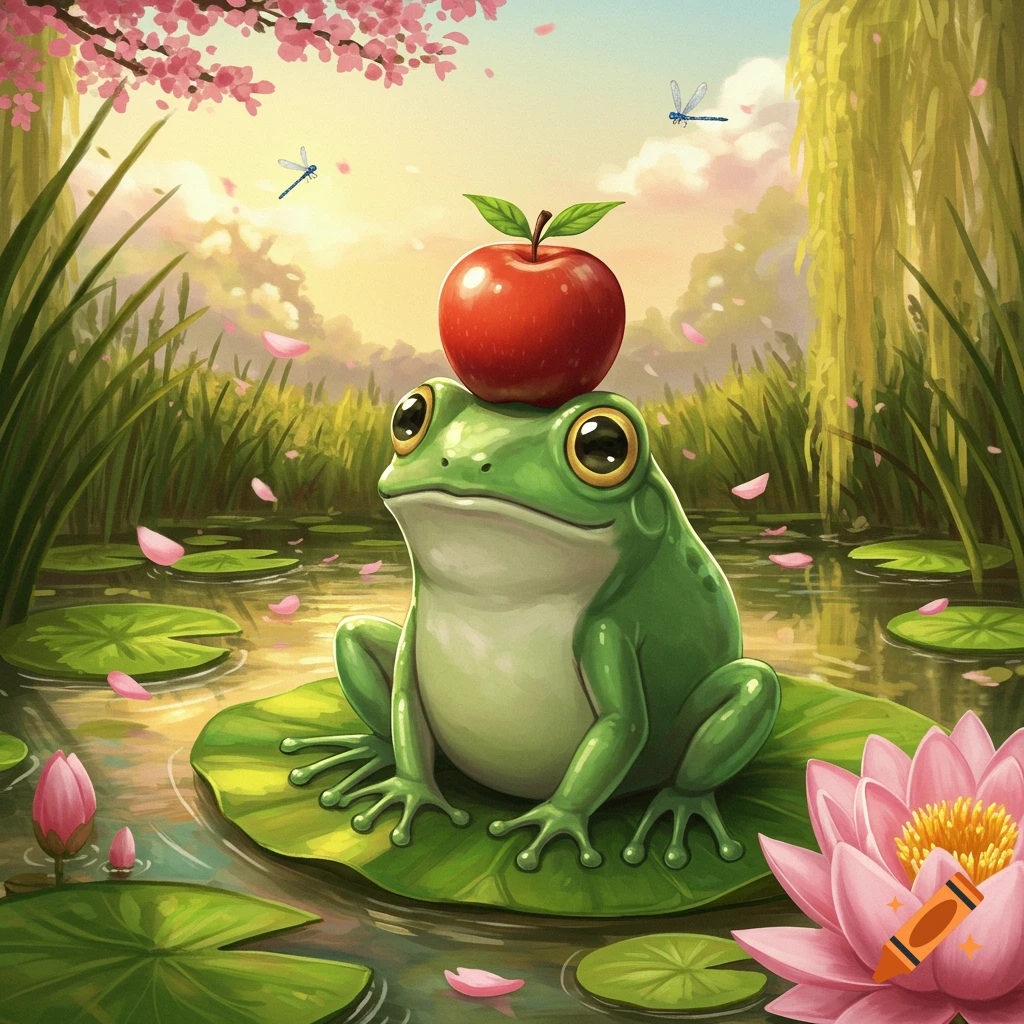 A cute green frog with big eyes sits on a lily pad in a pond, balancing a red apple on its head, in an anime style.