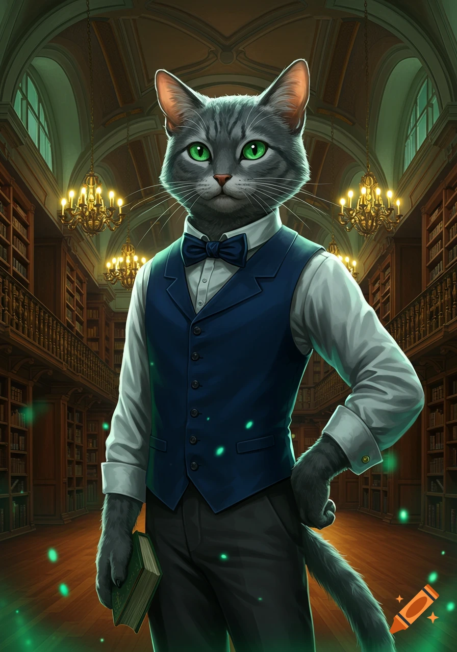 An anthropomorphic gray cat in a blue waistcoat and bow tie stands in a grand library, holding a book.