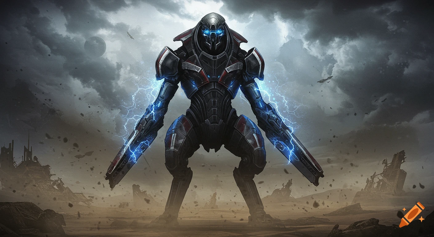 A large, dark armored robot with glowing blue eyes and electrical discharges stands in a desolate, stormy alien landscape.