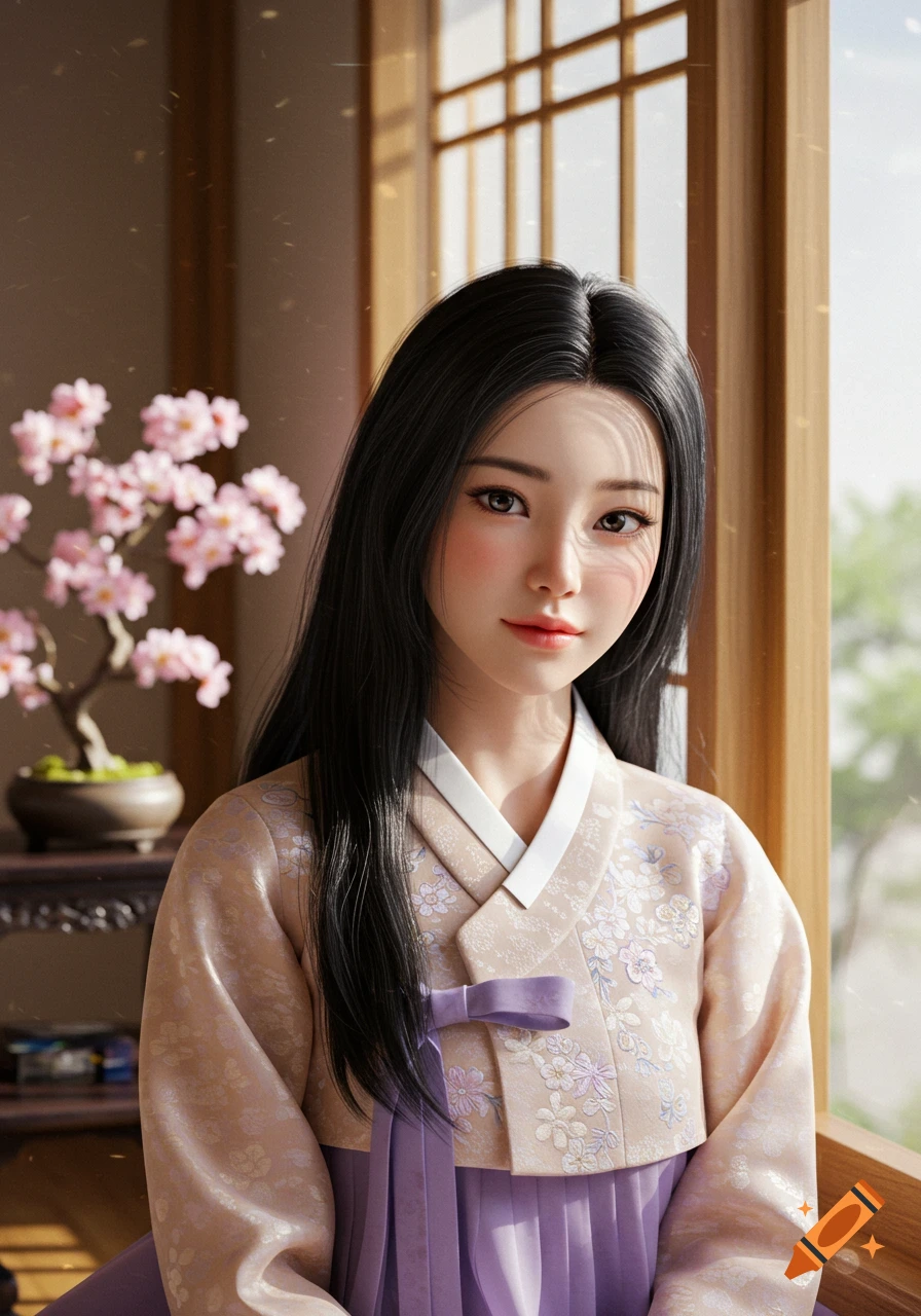 Realistic portrait of a young Korean woman in a traditional light pink and purple Hanbok, standing by a window with a cherry blossom bonsai.