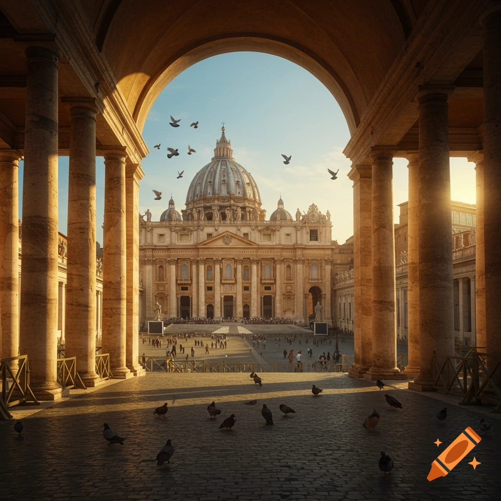 St. Peter's Basilica and Square, framed by classical columns, with pigeons on cobblestones at sunrise, photorealistic.