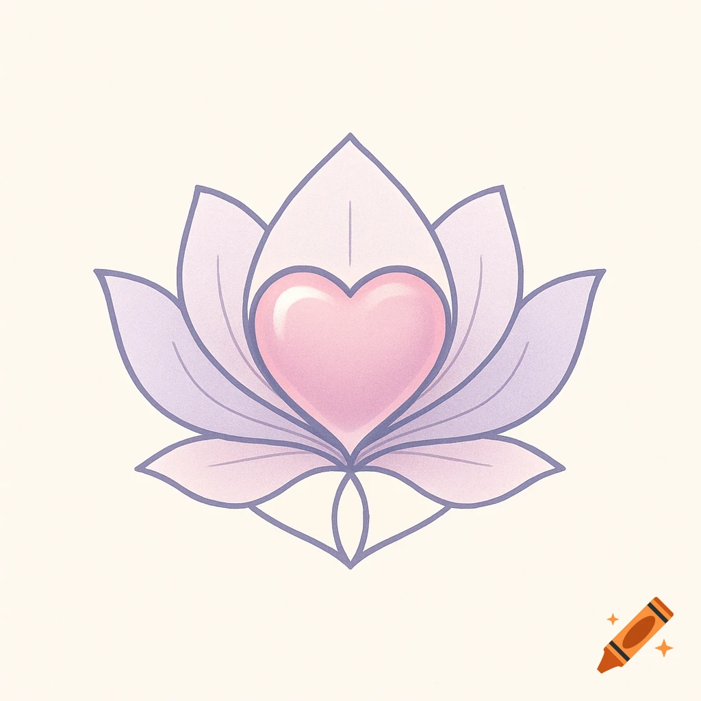 A stylized logo featuring a glossy pink heart inside a purple lotus flower on a cream background.