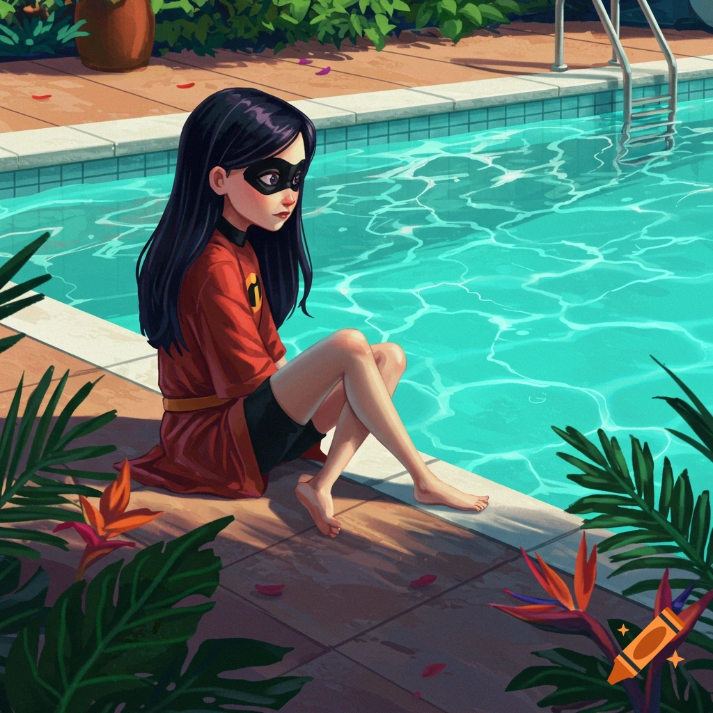 Violet from The Incredibles, in costume, sits on the edge of a sunny swimming pool with tropical plants.