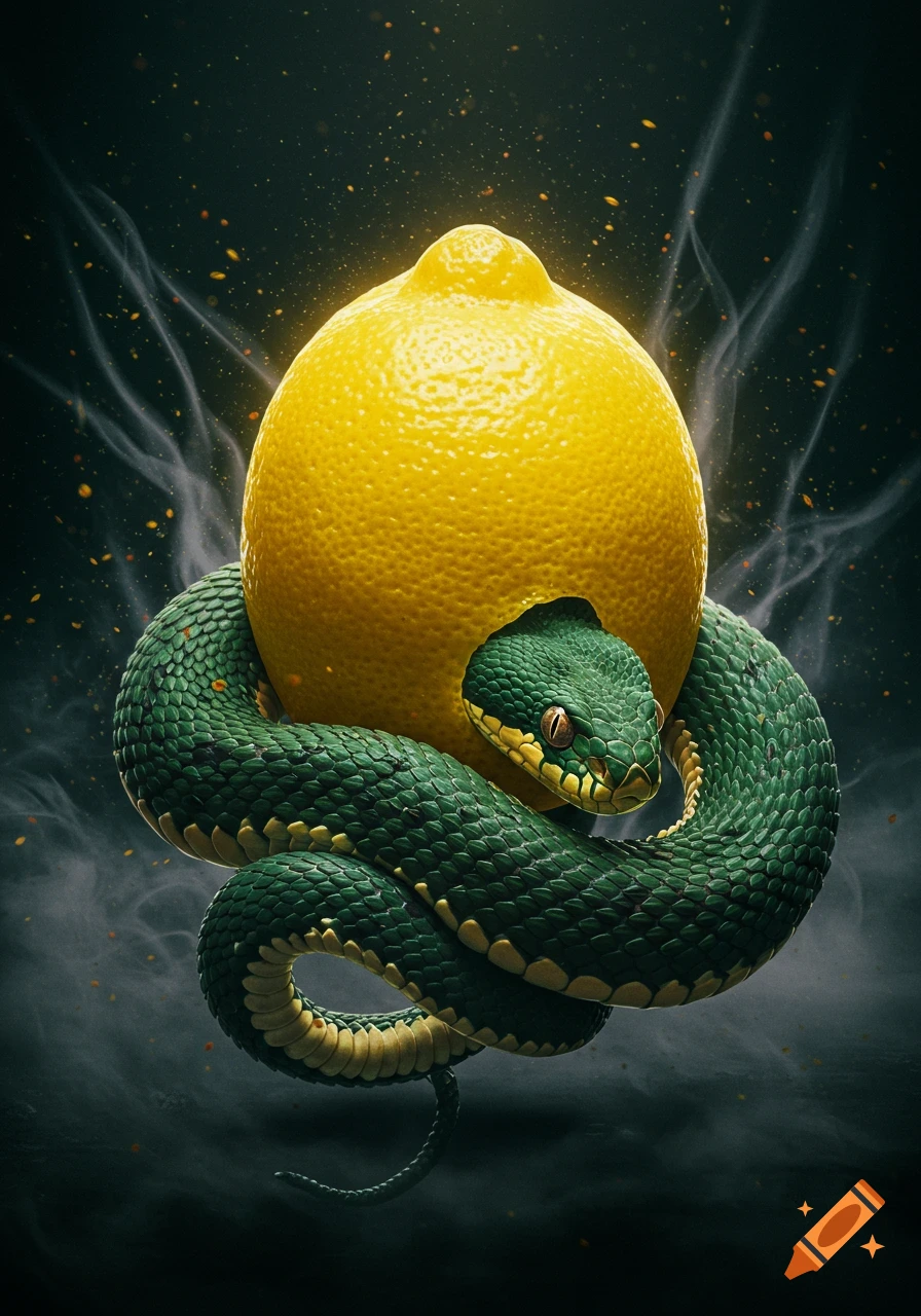 A vibrant green snake with yellow markings coils tightly around a bright, glowing yellow lemon, its head emerging from a hole in the fruit, against a dark smoky background.