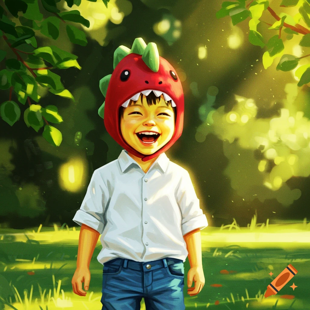 A happy child in a red dinosaur hat, white shirt, and blue jeans, smiling in a sunny green park. Digital illustration.