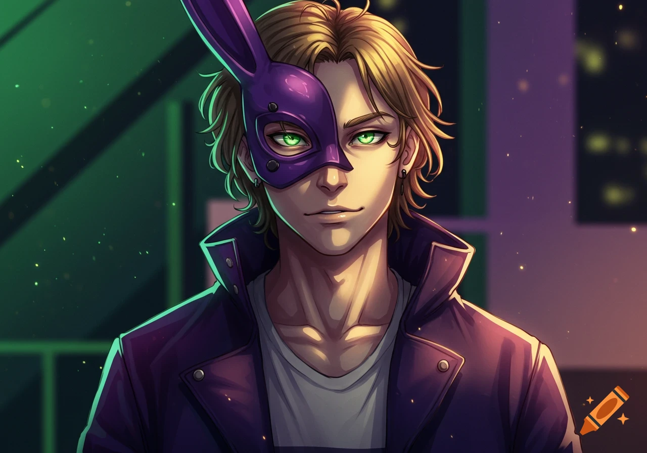 Anime-style portrait of a young man with messy blonde hair, piercing green eyes, and a purple bunny-ear half-mask, wearing a dark jacket.