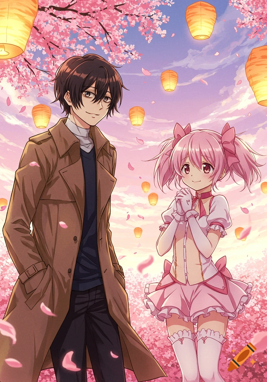 Anime man in trench coat and girl in pink dress stand under cherry blossoms with lanterns in a pink-hued sky.