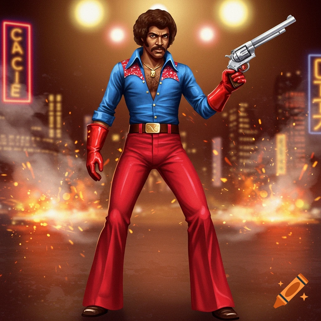 Stylized illustration of a 1970s action movie character with an afro, blue shirt, red flare pants, holding a silver revolver.