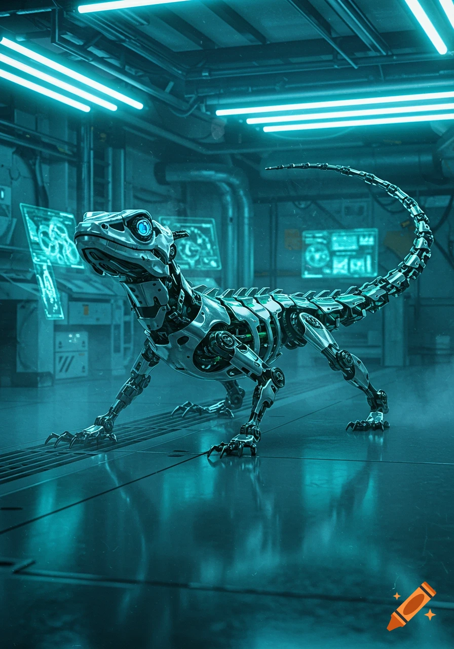 A highly detailed silver robot lizard with glowing blue eyes stands in a futuristic, neon-lit laboratory with holographic screens.
