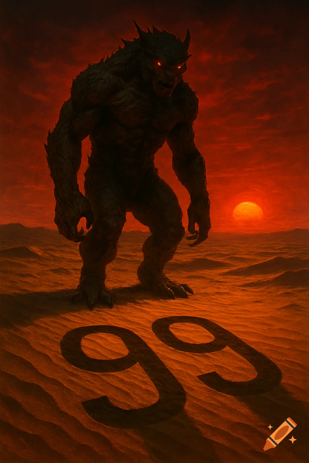 A huge, muscular monster with glowing red eyes stands in a dark, red desert at sunset. The number 99 is carved into the sand.