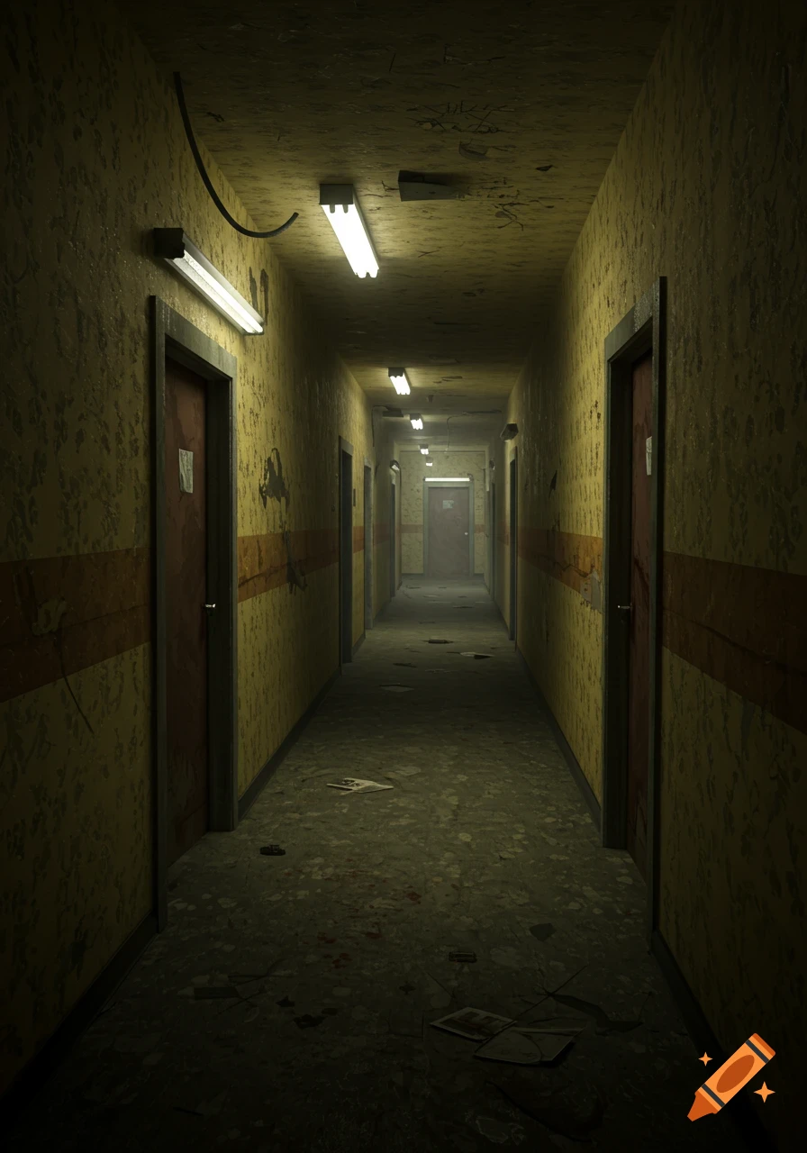 A long, dark, grungy hallway with peeling yellow wallpaper, fluorescent lights, and scattered debris on the floor, typical of a liminal Backrooms level.