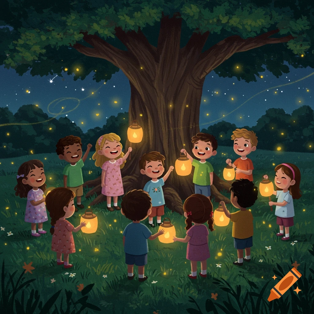 Cartoon children holding glowing lanterns in a circle under a large tree at night, surrounded by fireflies.