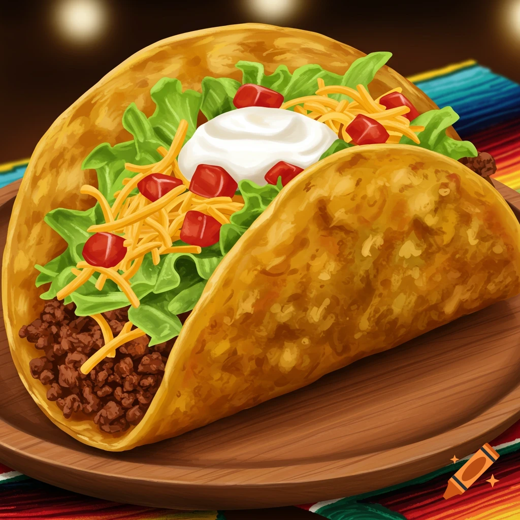 An illustrative taco filled with ground beef, lettuce, tomatoes, cheese, and sour cream on a wooden plate with a colorful blanket.
