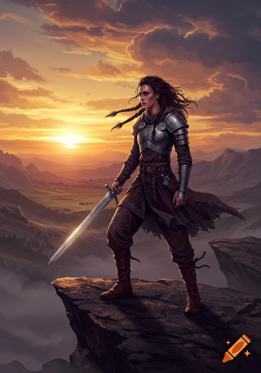 Digital painting of a warrior woman in armor holding a sword on a cliff overlooking a valley at sunset.