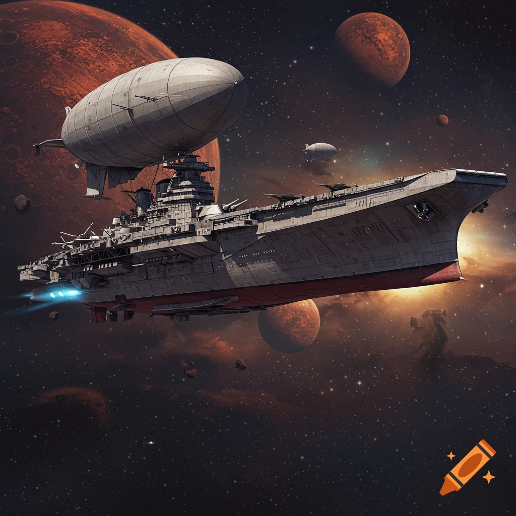 A large, futuristic spaceship, a blend of an aircraft carrier and an airship, flies through deep space with red, Mars-like planets and a starry nebula in the background.