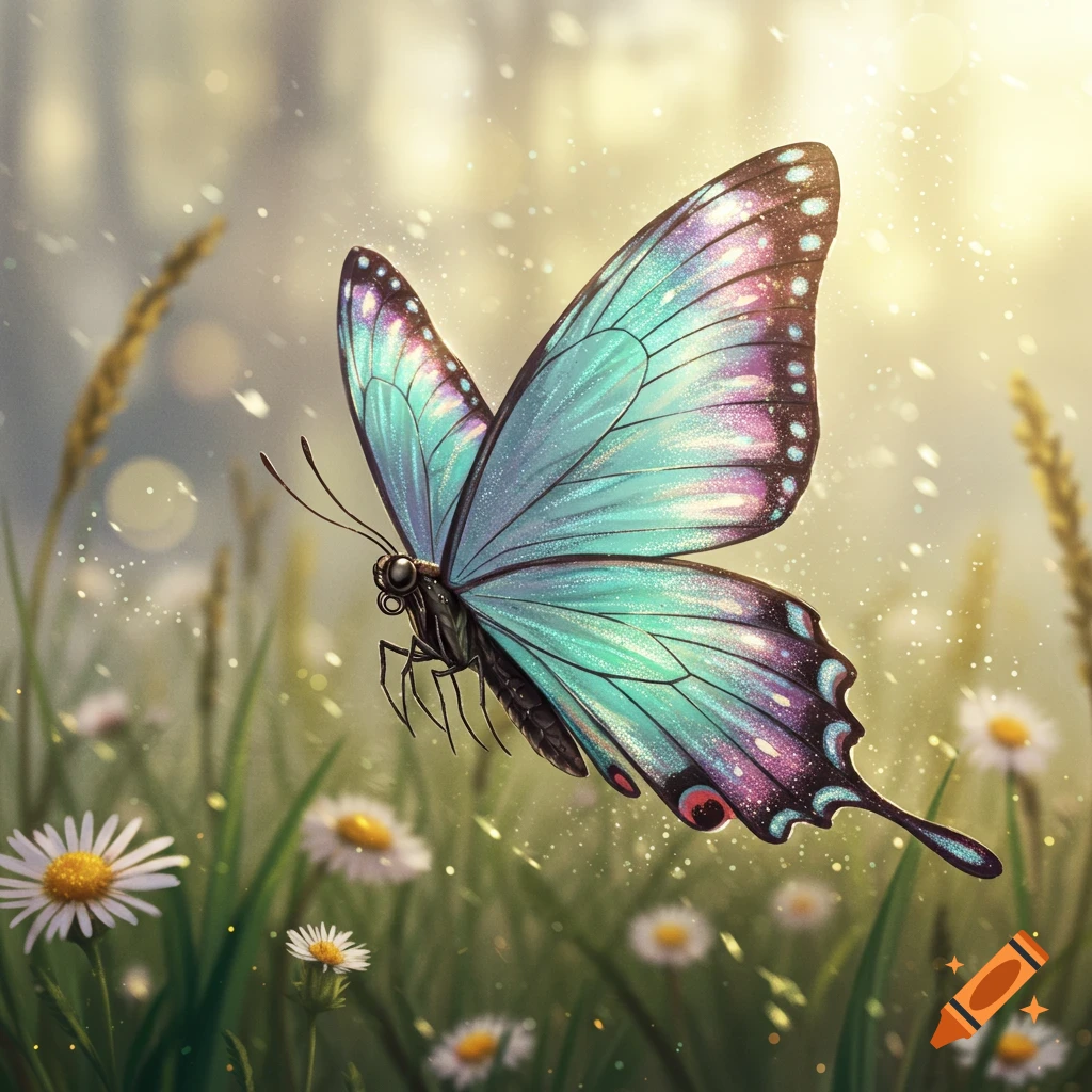A vibrant blue and purple butterfly with iridescent wings hovers above green grass and white daisies in sparkling golden light.