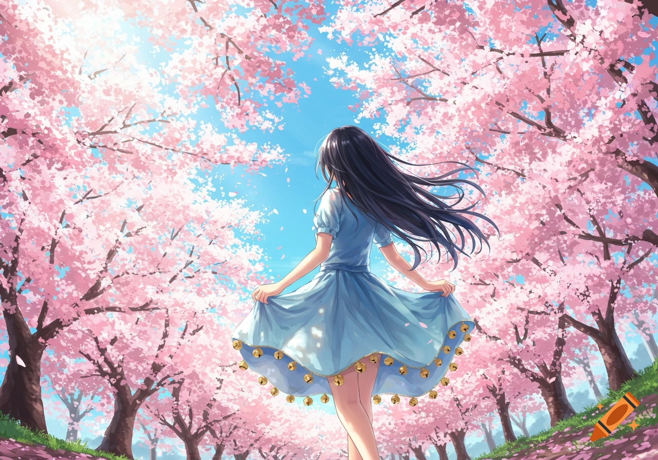 Anime girl in a blue dress with bells on the hem, viewed from behind, looking up at a bright sky through pink cherry blossom trees.