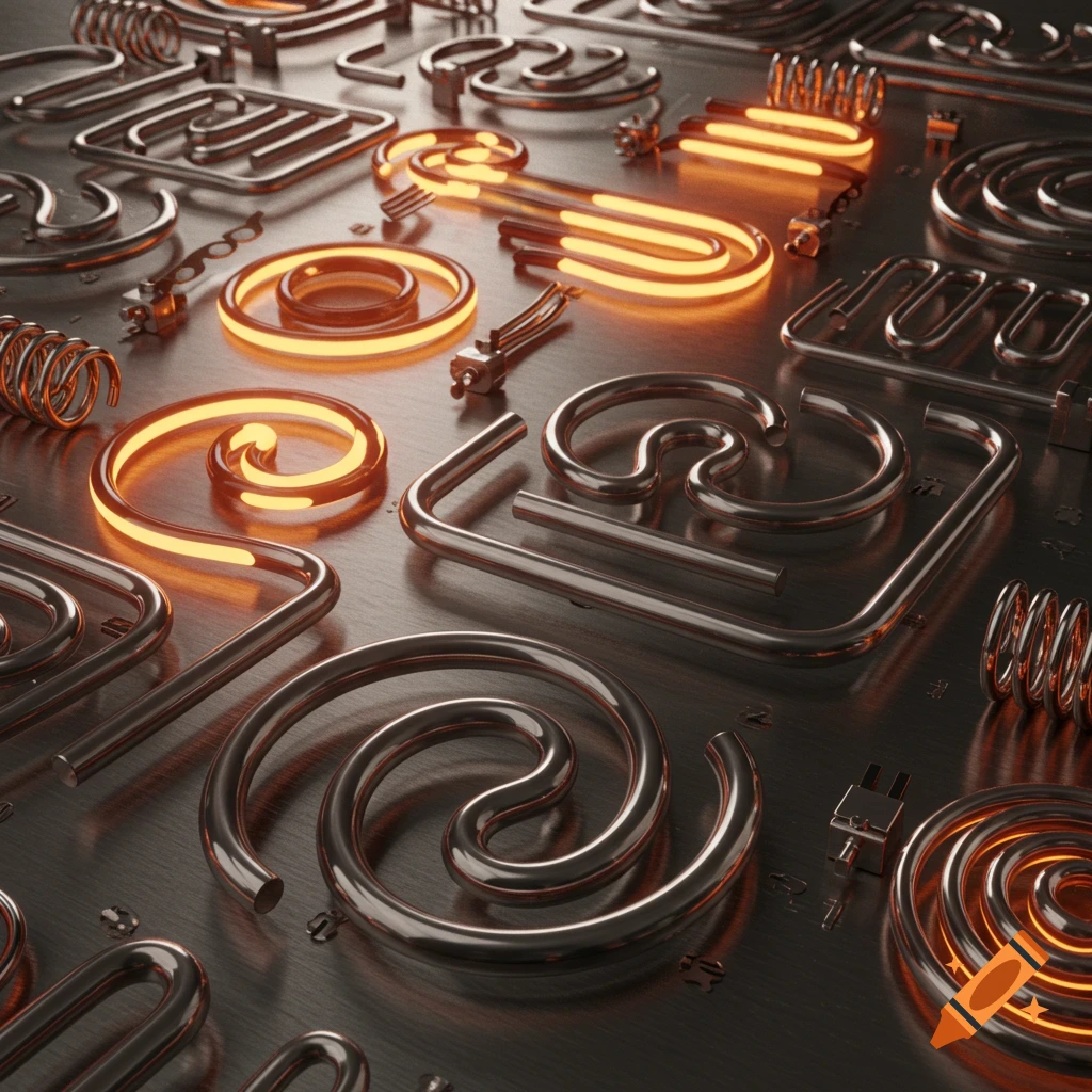 Metallic tubular heating elements, some glowing orange, arranged on a brushed metal surface.