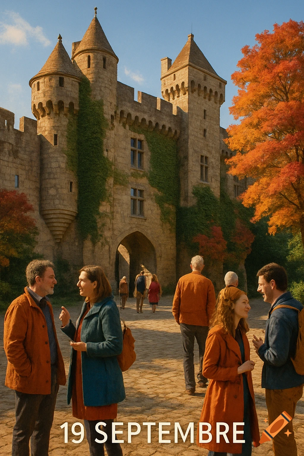 People gather outside a grand stone castle with autumn trees on a sunny day, '19 SEPTEMBRE' visible at the bottom.