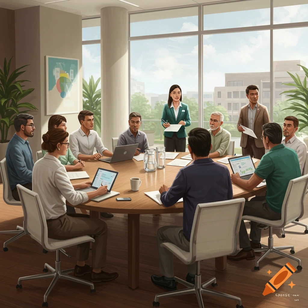 An illustration of a diverse group of professionals in a bright meeting room, gathered around a large wooden table with laptops and documents.