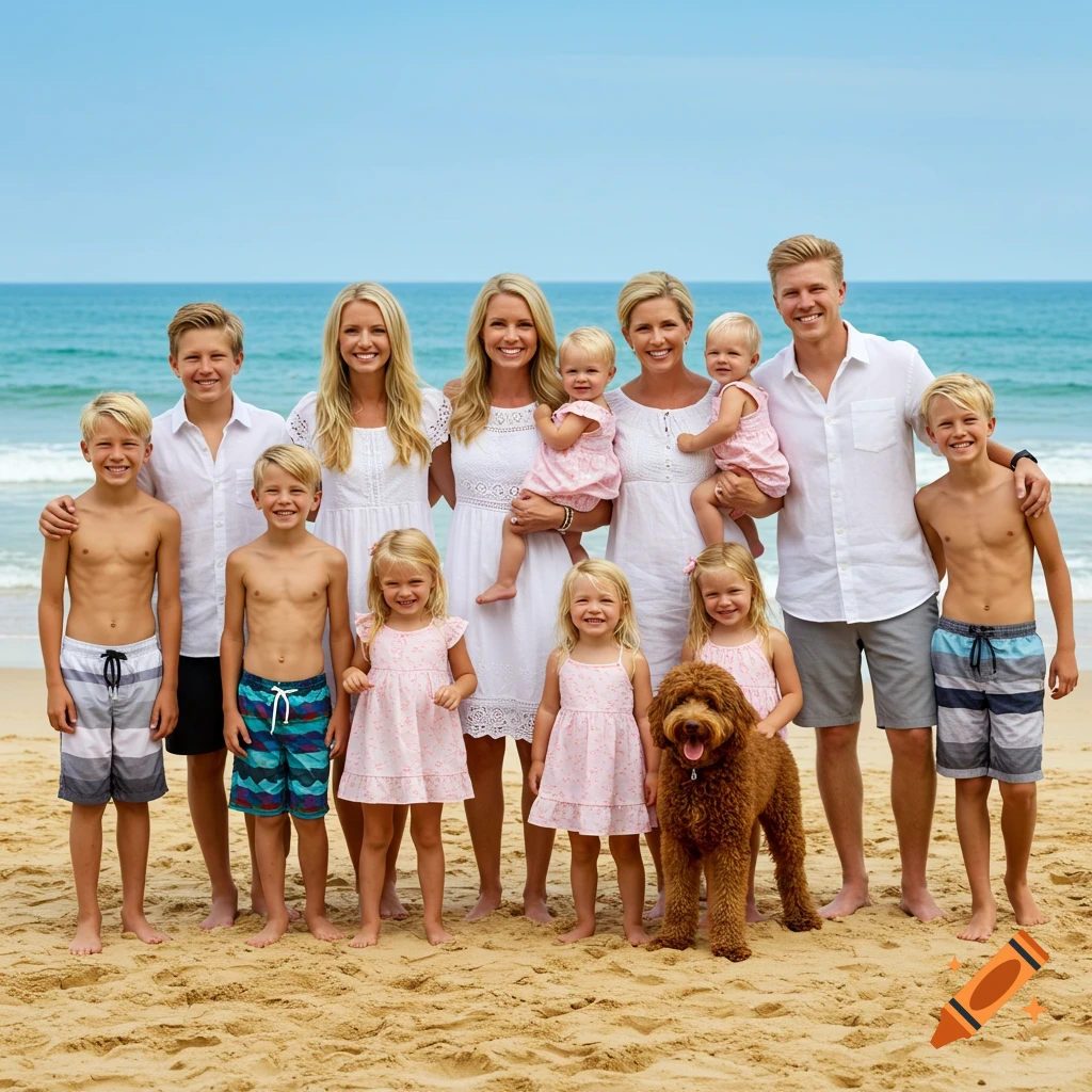 A large family with a brown curly dog poses on a sandy beach with the ocean in the background.