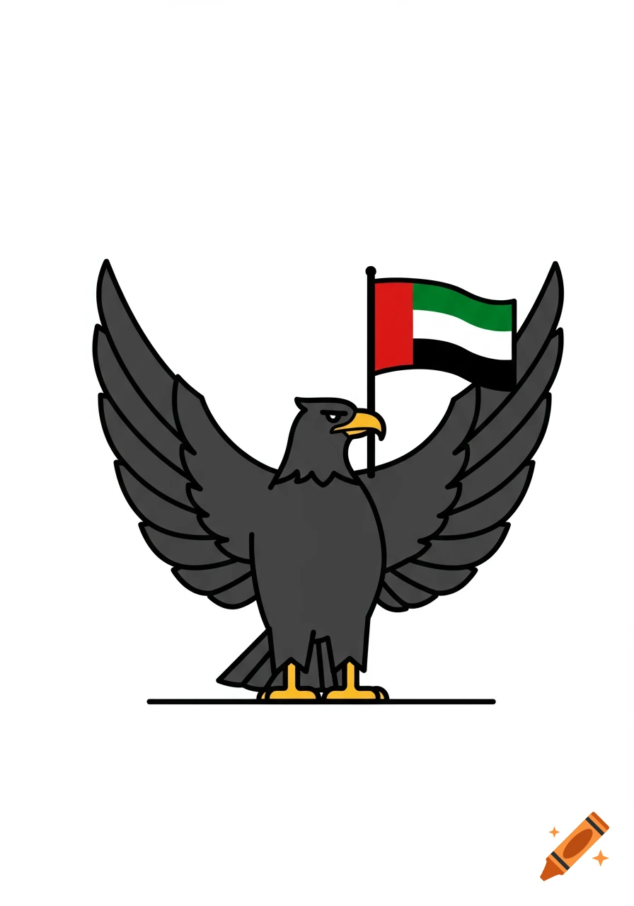 Cartoon black eagle with yellow beak and talons, holding the UAE flag with its right wing.