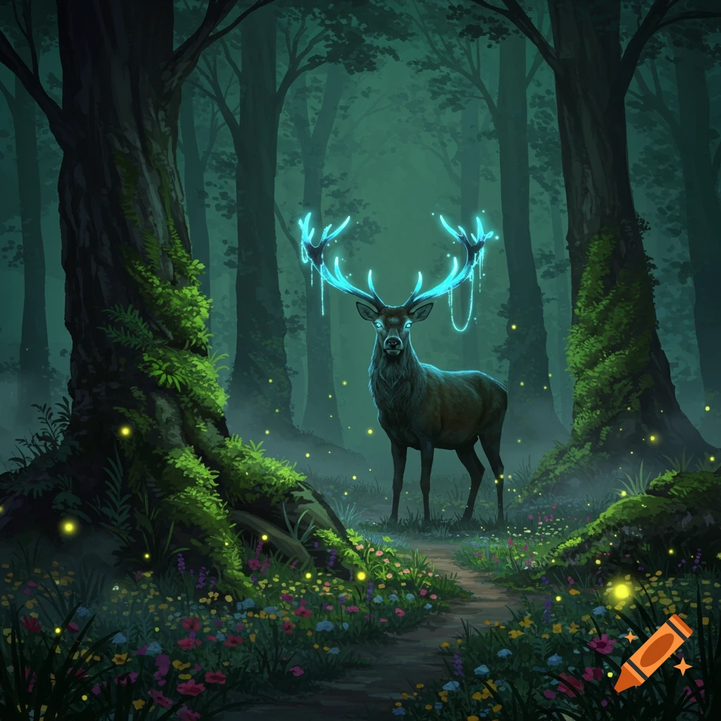 A mystical deer with glowing blue antlers stands on a forest path surrounded by colorful flowers and fireflies, in a digital painting style.