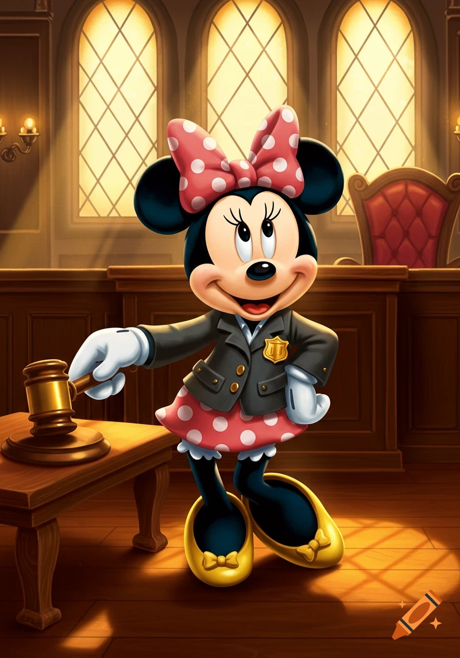 Minnie Mouse dressed as a bailiff, holding a gavel in a brightly lit courtroom.