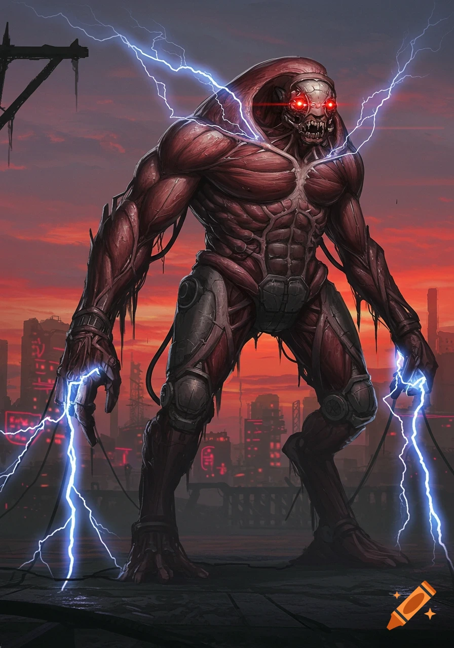 A grotesque muscular creature with glowing red eyes, sharp teeth, and armored limbs, crackles with electricity in a dystopian city at sunset.