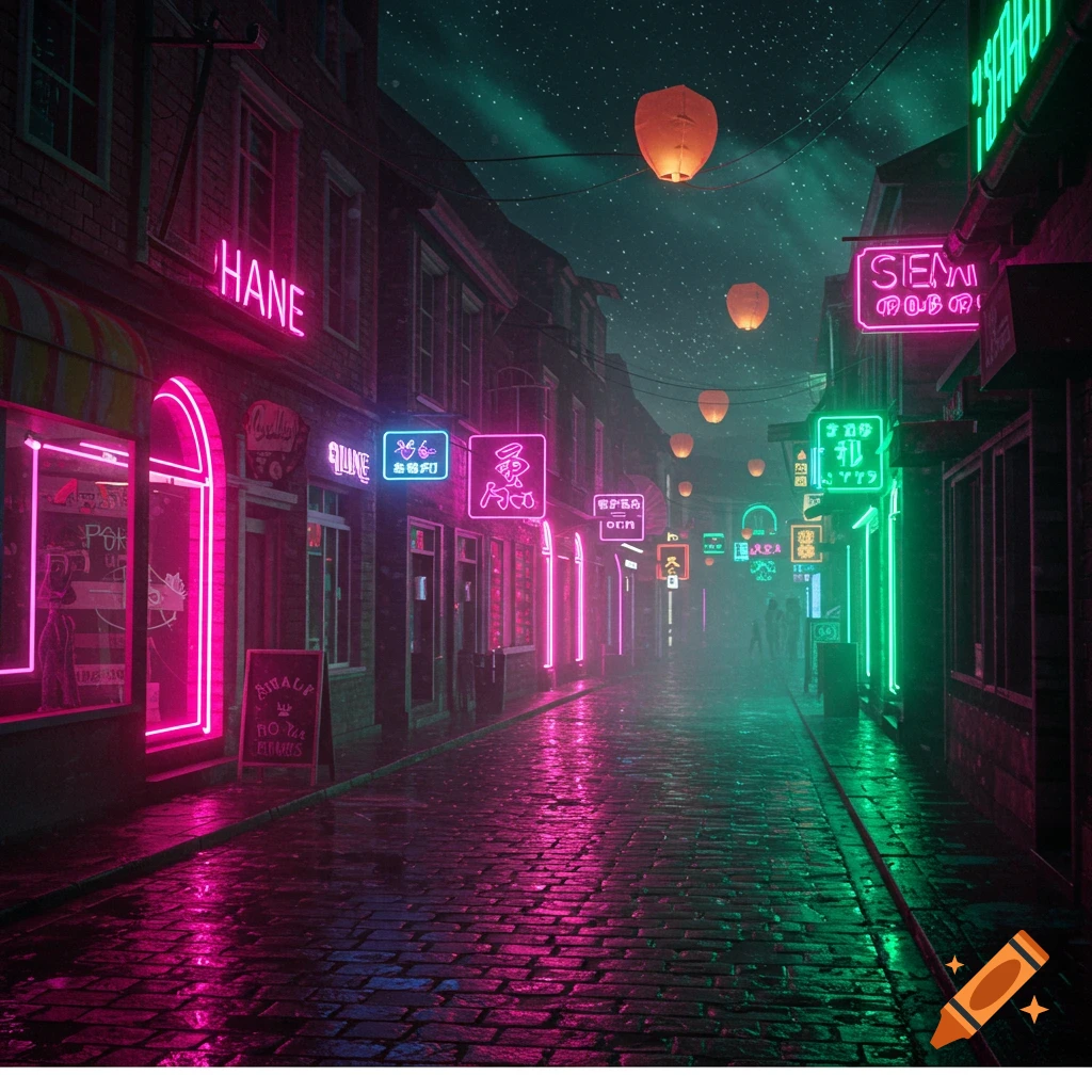 A dark, neon-lit cyberpunk alleyway at night, with pink and green glowing signs reflecting on wet cobblestones, and paper lanterns floating under a starry, cloudy sky.