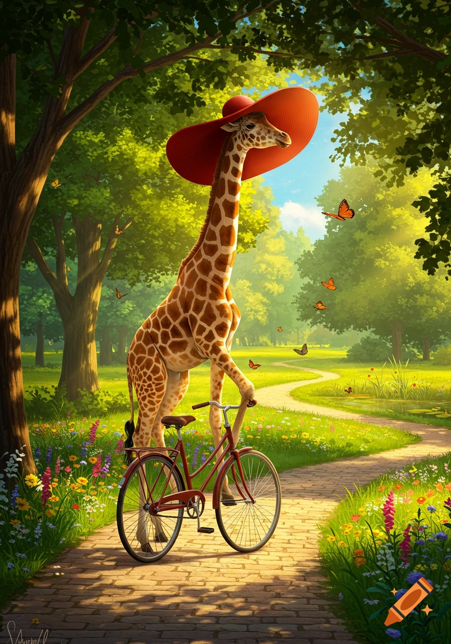 A colorful illustration of a giraffe wearing a wide red hat standing next to a red bicycle on a sunny park path with flowers and butterflies.
