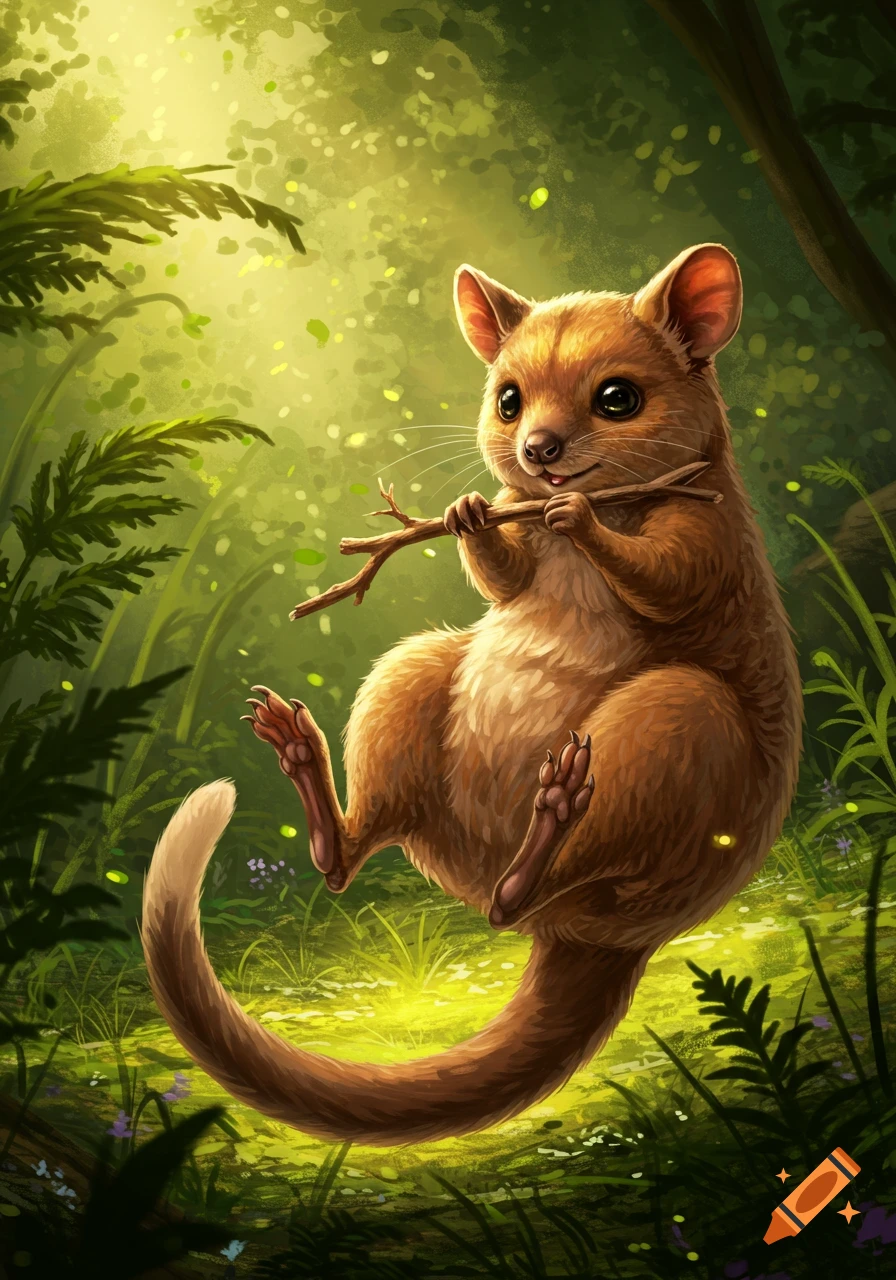 A small, cute brown furry creature with large eyes floats in the air, holding a thin stick in its paws, in a lush green forest with dappled sunlight.