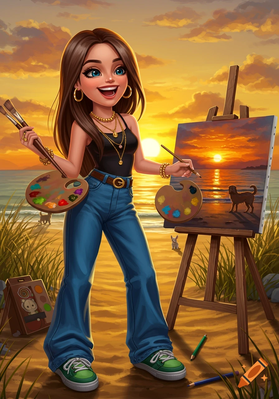 A happy cartoon girl with long brown hair paints a sunset on a beach with an easel.