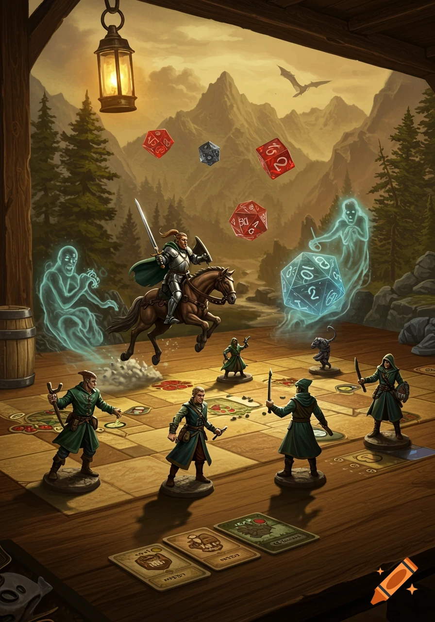 An illustrated fantasy scene of a D&D board game coming to life, with miniatures, a knight on horseback, ghosts, and floating dice.