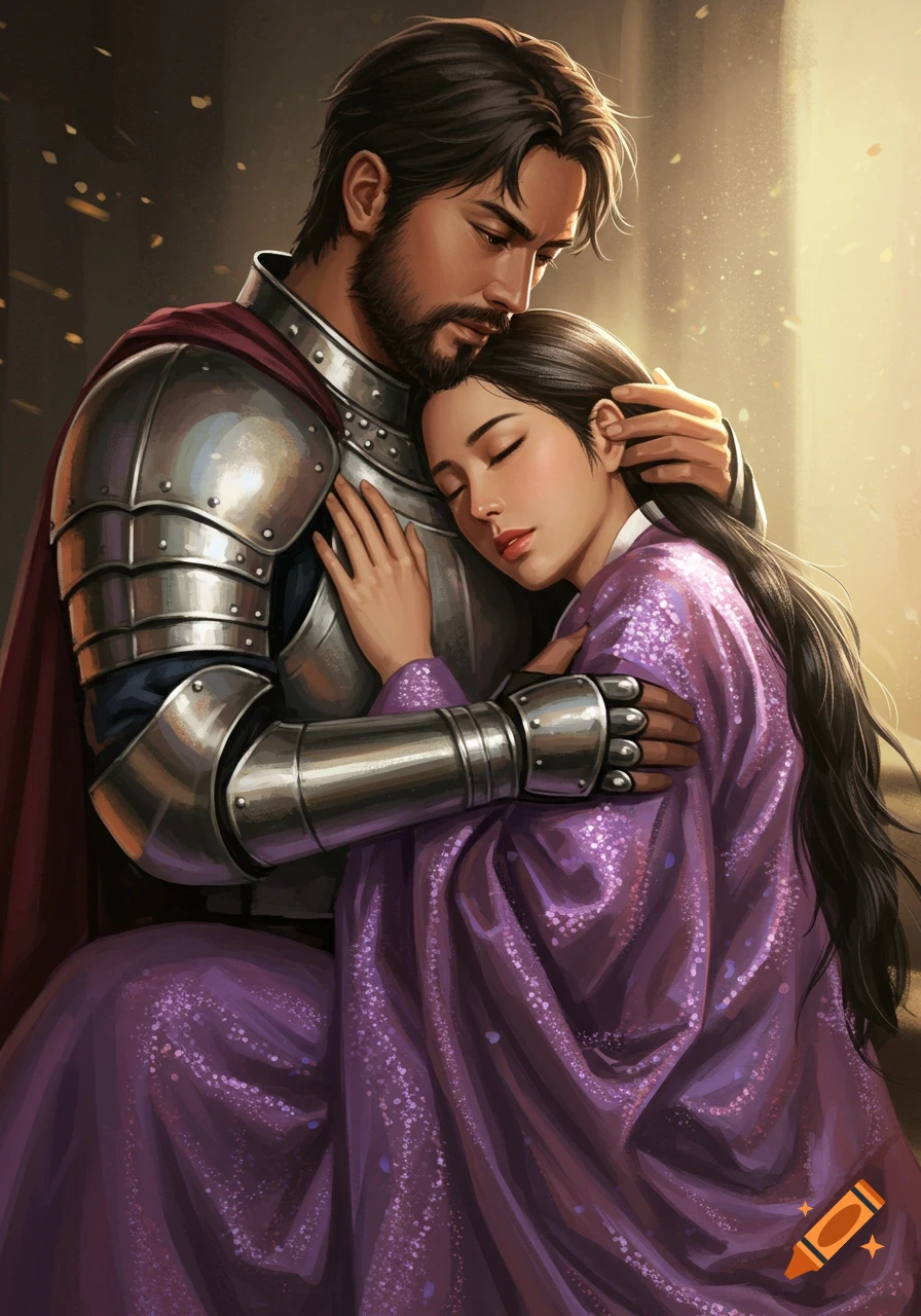 A bearded knight in shining armor tenderly embraces a woman in a sparkling purple dress, in a painting style.