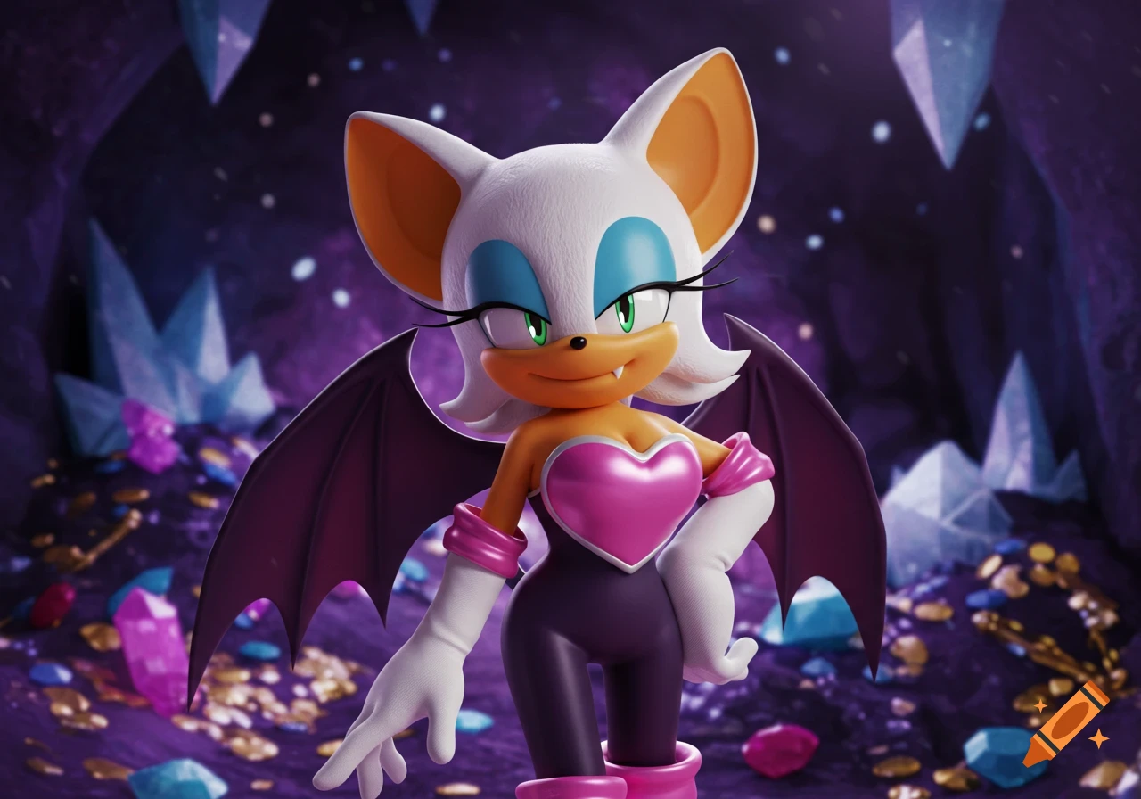 Rouge the Bat with a pink heart top and long gloves smiles in a sparkling gem-filled cave.