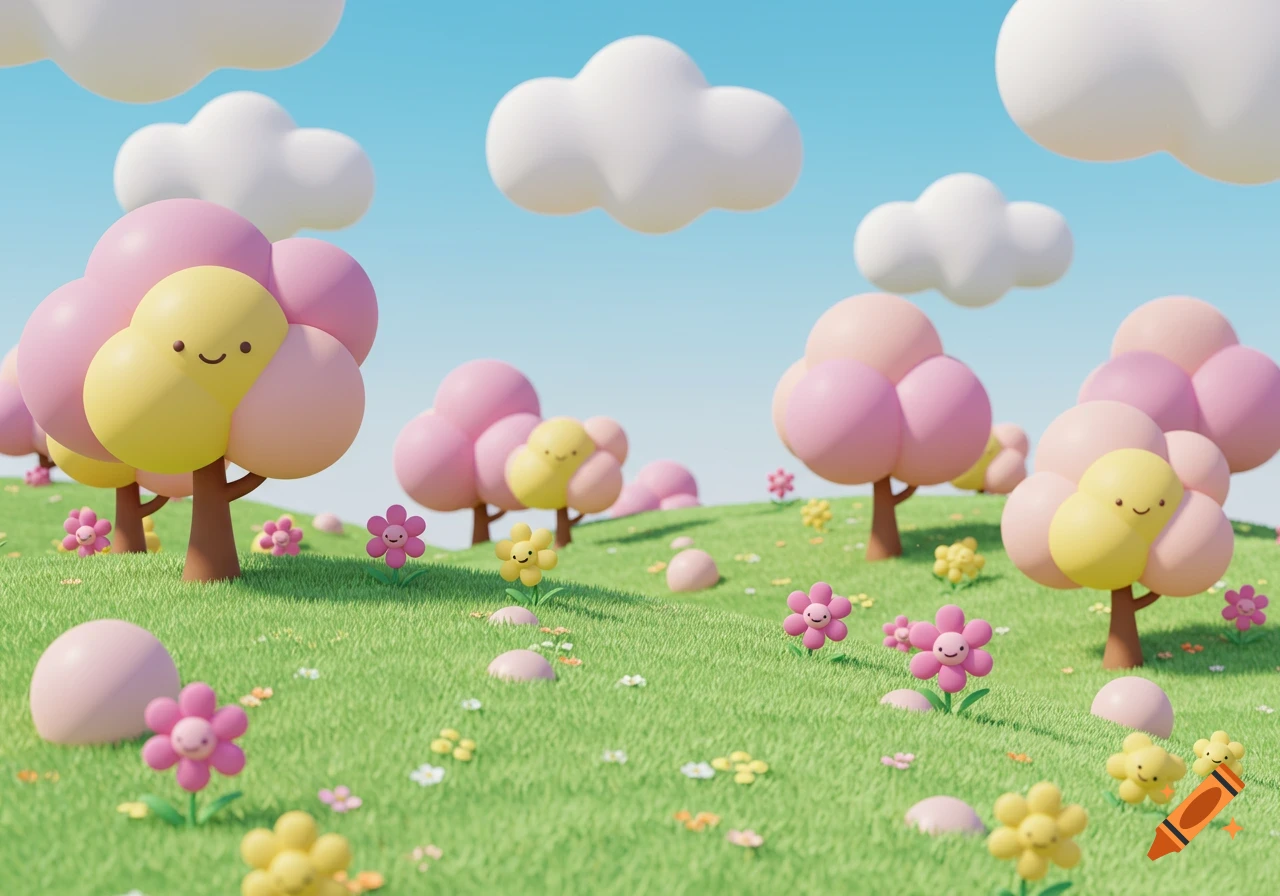 A whimsical 3D kawaii landscape with pink and yellow smiling trees, cheerful flowers, and fluffy white clouds.