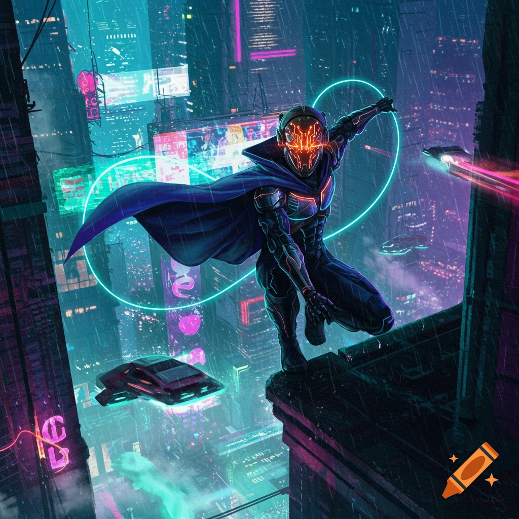 Cyberpunk superhero in an armored suit and cape crouches on a rainy rooftop overlooking a neon-lit futuristic city with flying vehicles.