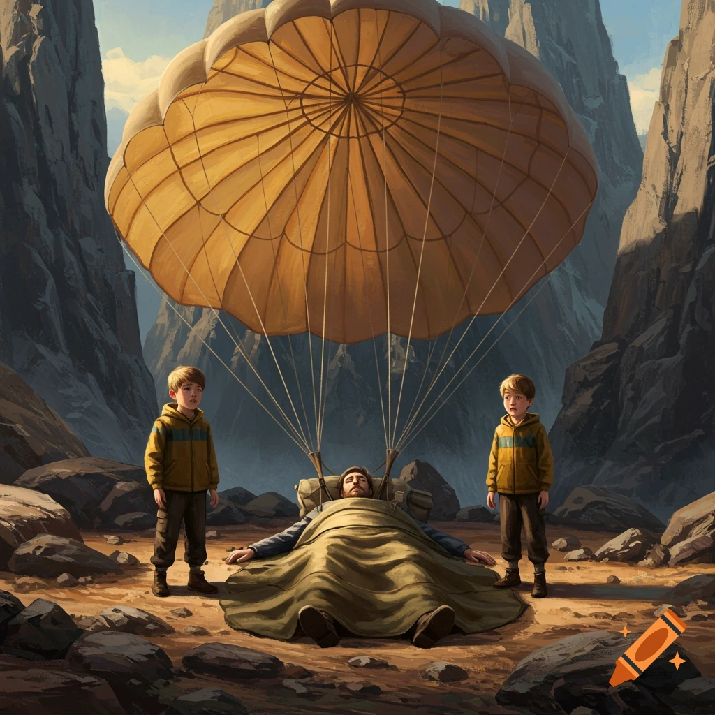 Two young boys look at an unconscious man lying under a large parachute in a rocky, mountainous landscape, digital art.