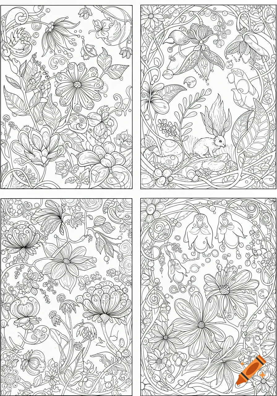 Four panels of detailed black and white line art featuring various flowers, leaves, and a rabbit, suitable for a coloring book.