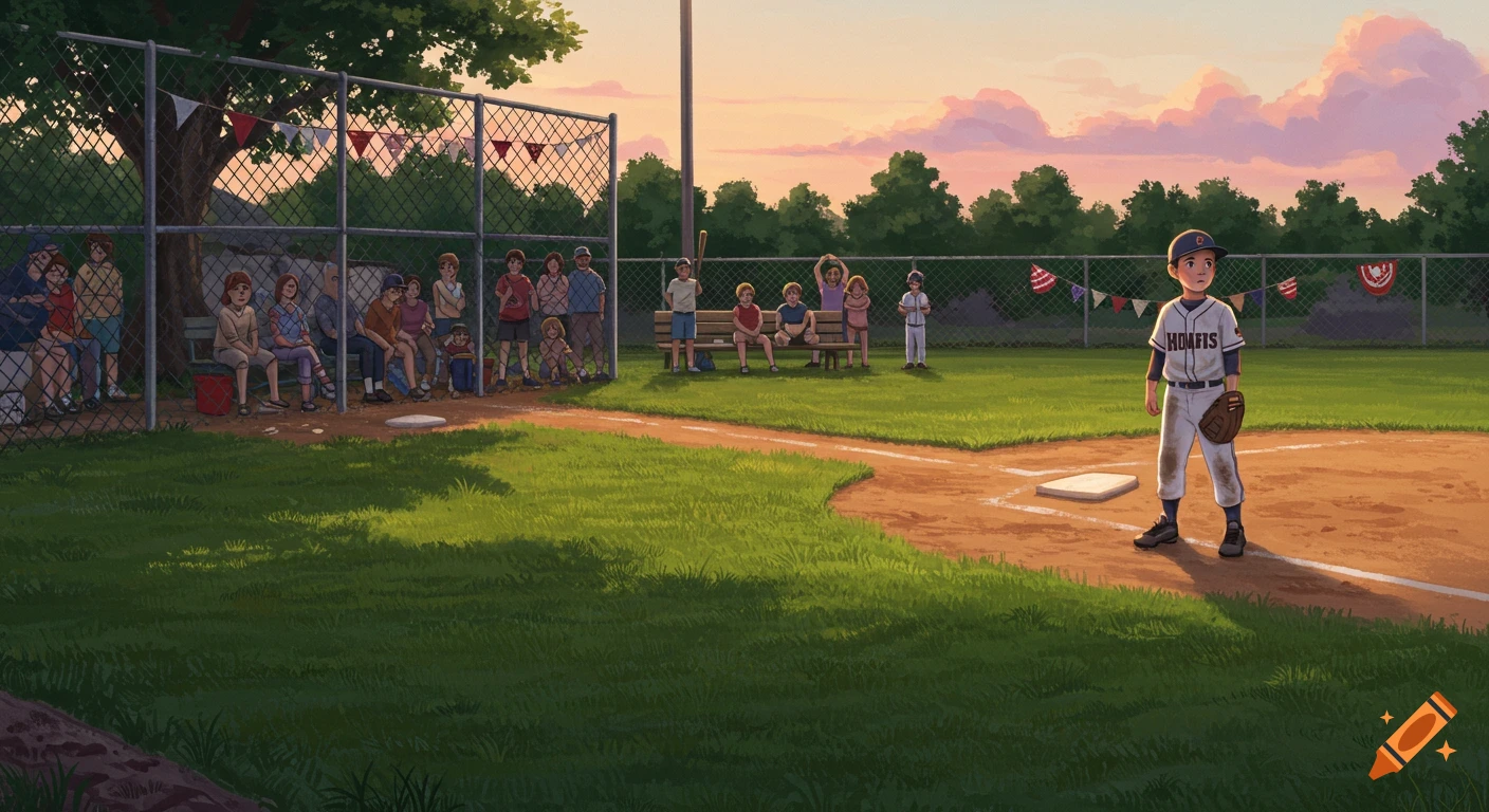 Illustrated scene of a young baseball player on a field at sunset, with spectators in the background.