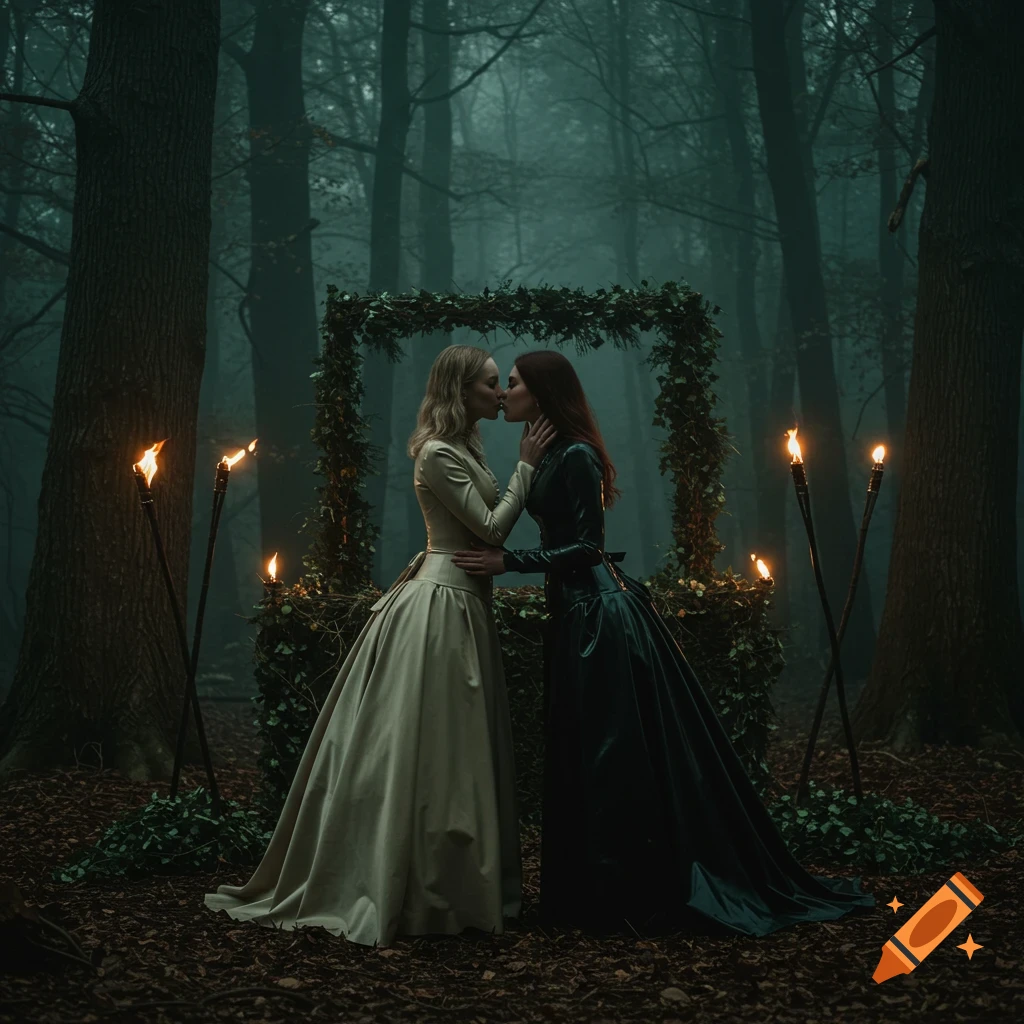 Two women in elaborate dresses kiss under a vine-covered arch in a dark, misty enchanted forest, lit by torches.