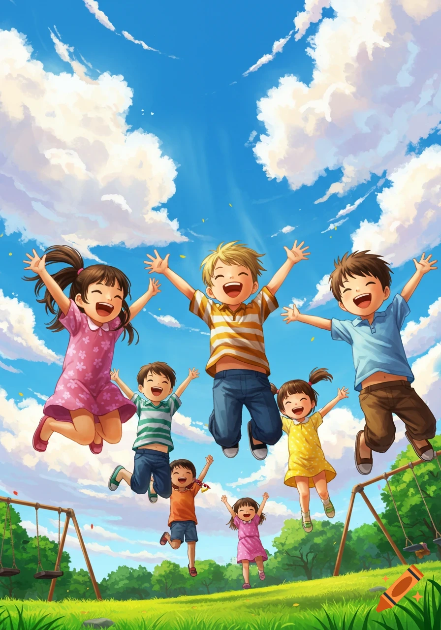 A group of happy diverse children jump joyfully in a vibrant park under a bright blue sky, in an illustration style.
