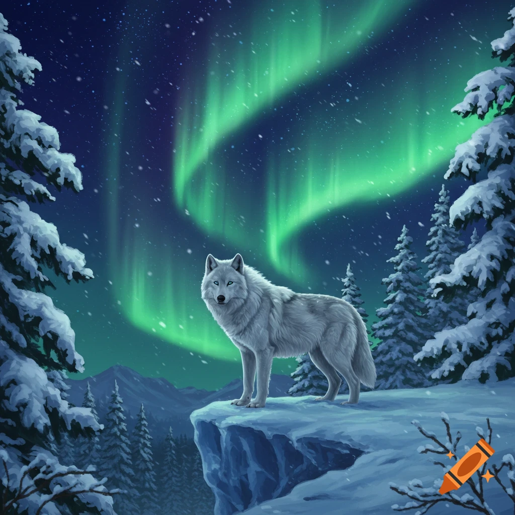 A white wolf stands on a snowy cliff under a vibrant green aurora borealis with snow-covered pine trees and mountains in the background, digital painting.