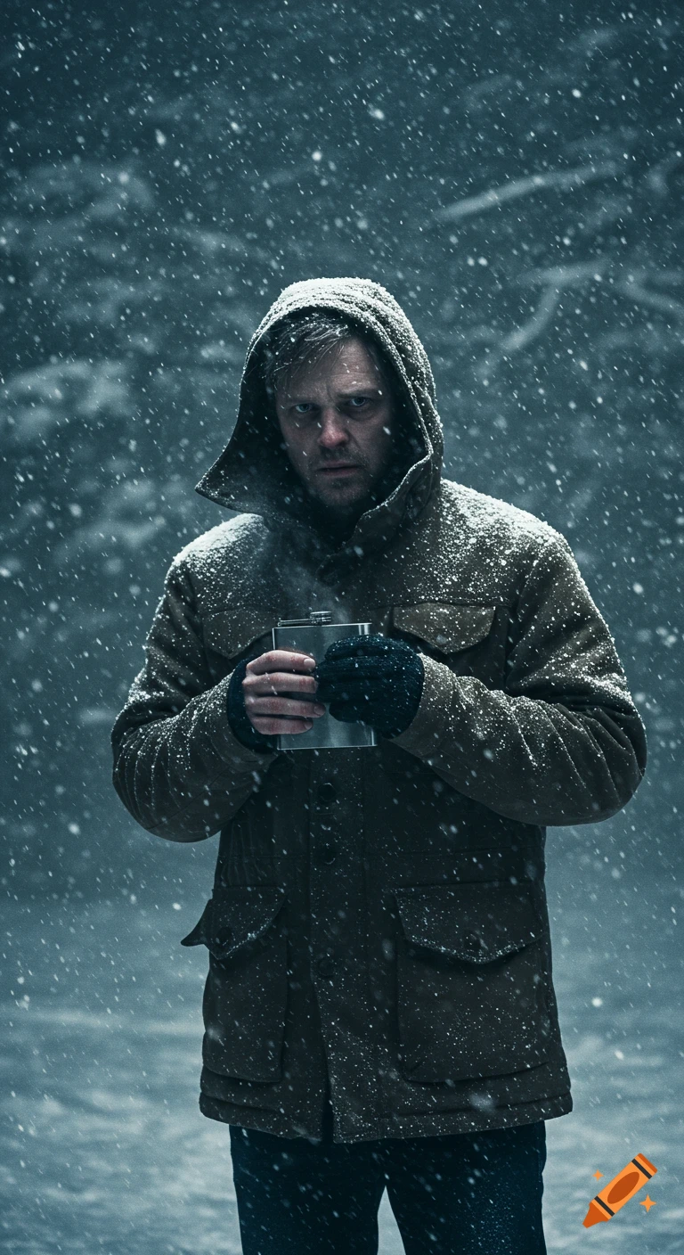 A man in a hooded winter jacket stands in heavy snow, holding a metal flask. He has a serious expression in this photorealistic, cold scene.