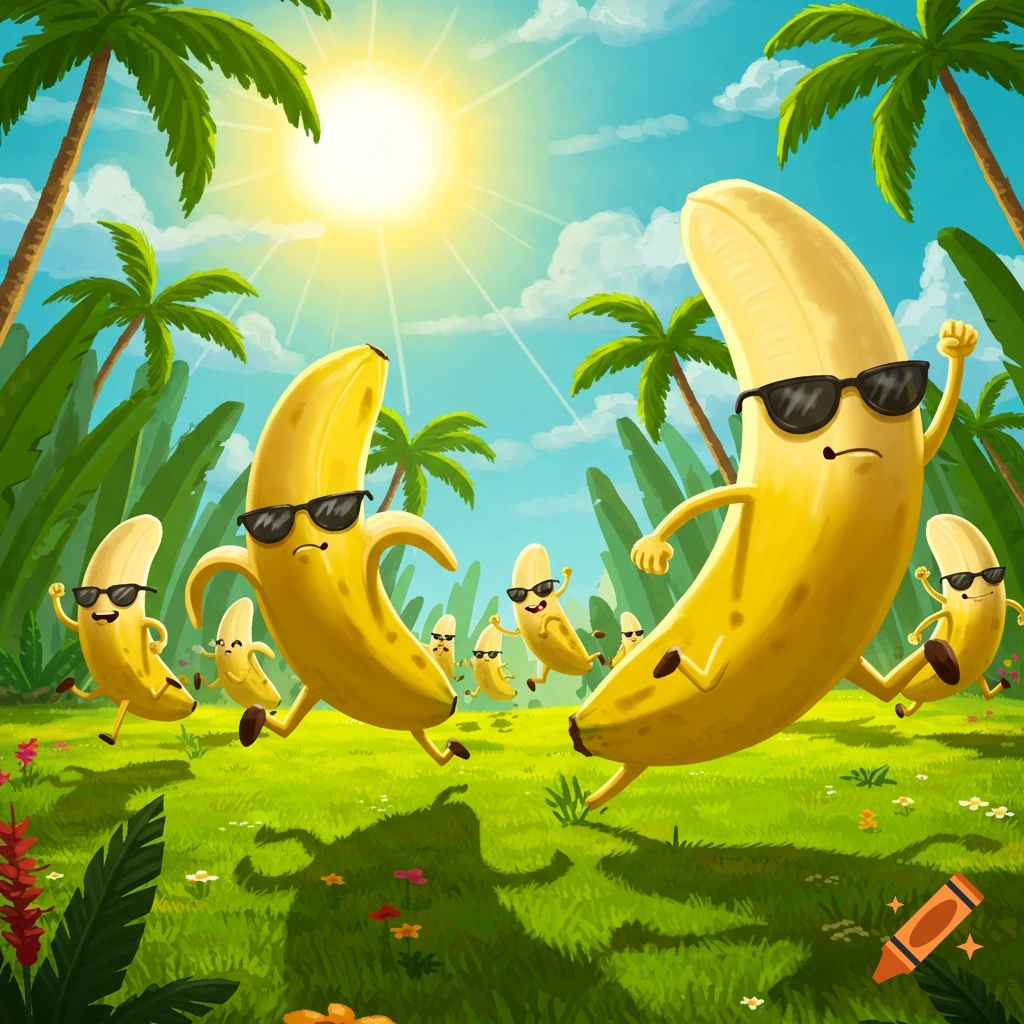 Cartoon bananas wearing sunglasses are running in a sunny, tropical landscape with palm trees.