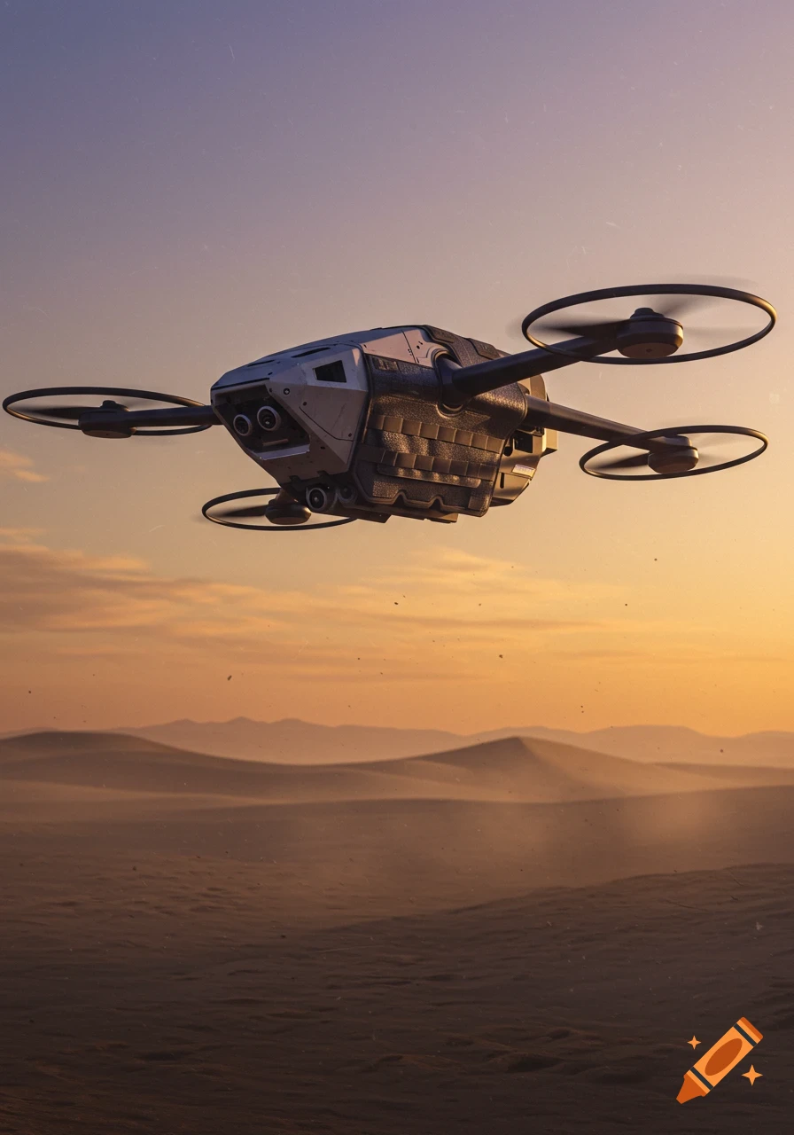 A futuristic drone flies over a vast desert landscape at sunset, with golden light illuminating the dunes.
