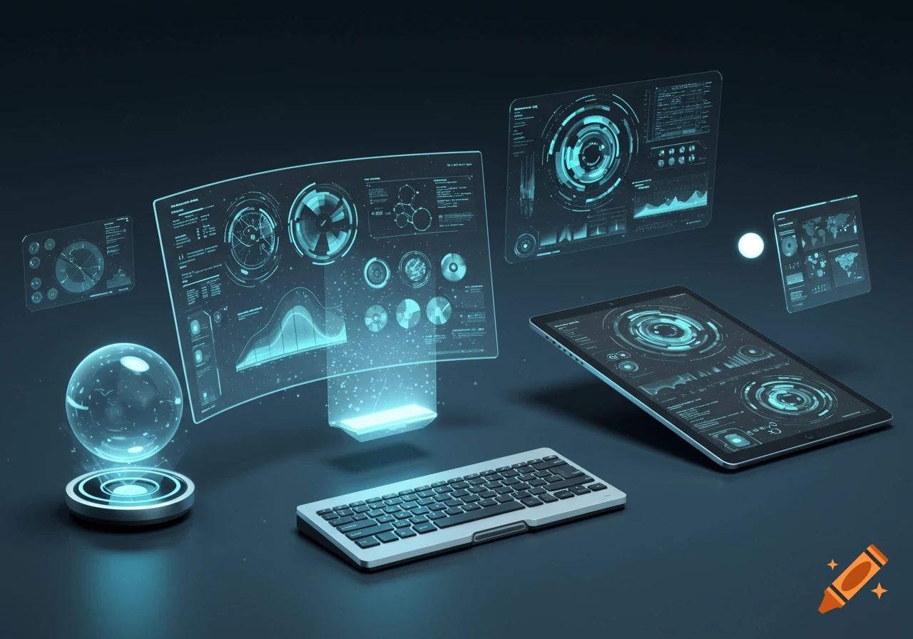 A futuristic workspace with a keyboard, tablet, and multiple glowing blue holographic screens displaying data and charts.