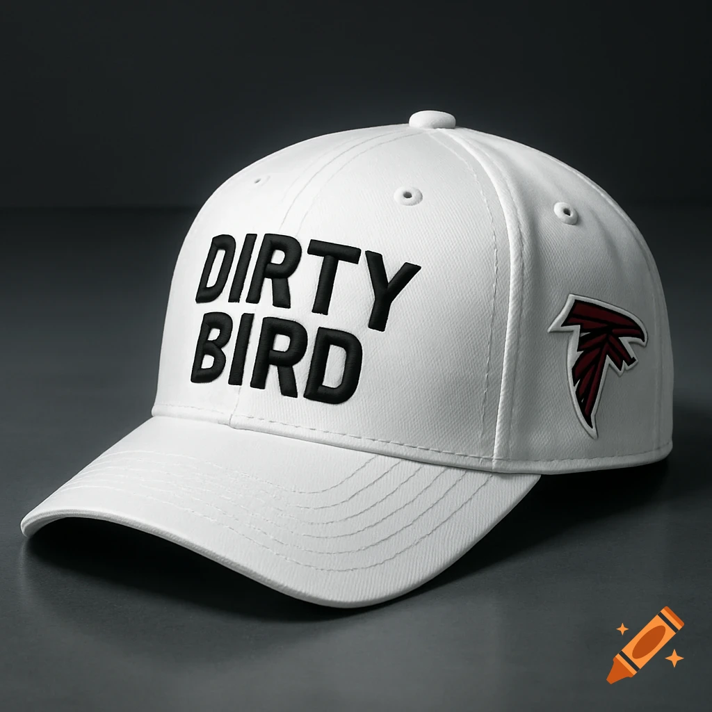 A white baseball cap with 'DIRTY BIRD' in black raised letters and an Atlanta Falcons logo on the side.